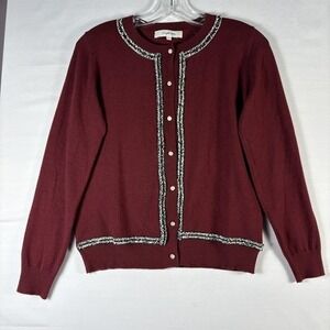 Simple Retro Burgundy Cardigan Tweed Trim Gold Button Knit Sweater Large 22668‎